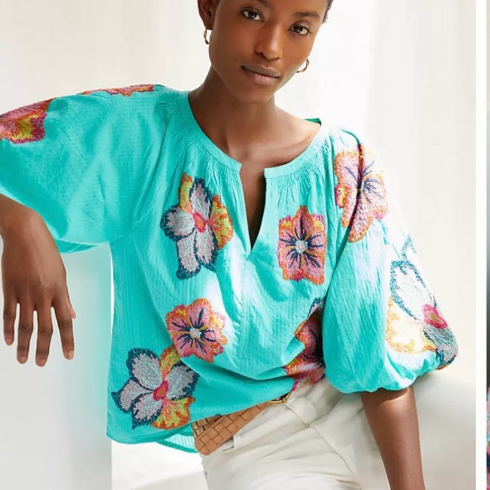 Anthropologie Maeve Balloon Sleeve Floral Embroidered Peasant  Blouse